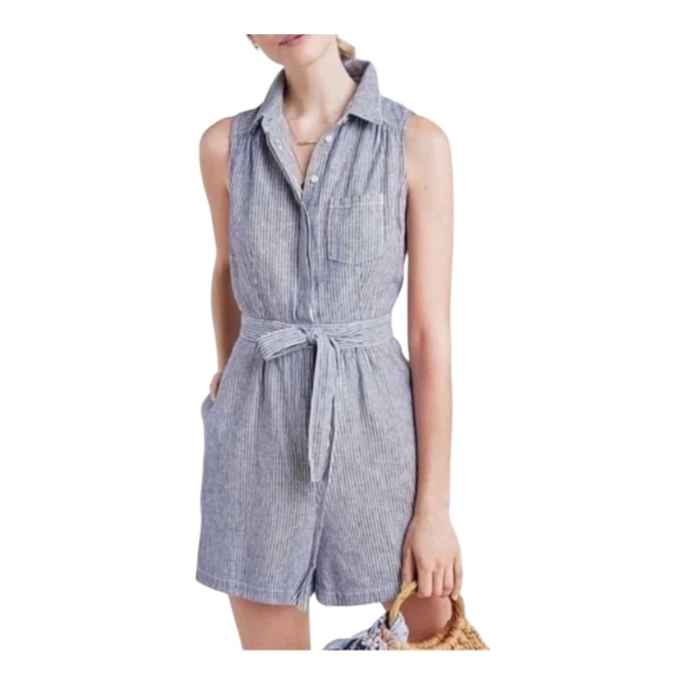 Anthropologie Linen Cotton Blend Striped Nautical Romper 12
